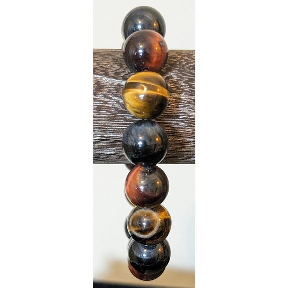 14mm Blue, Red and Gold Yellow Tiger Eye Beaded Stretch Bracelet - Picture 1 of 8